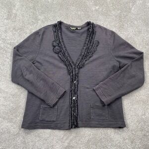 Edie Bauer Women's Ruffle Lace Trim Cardigan Sweater Size XL Charcoal Gray